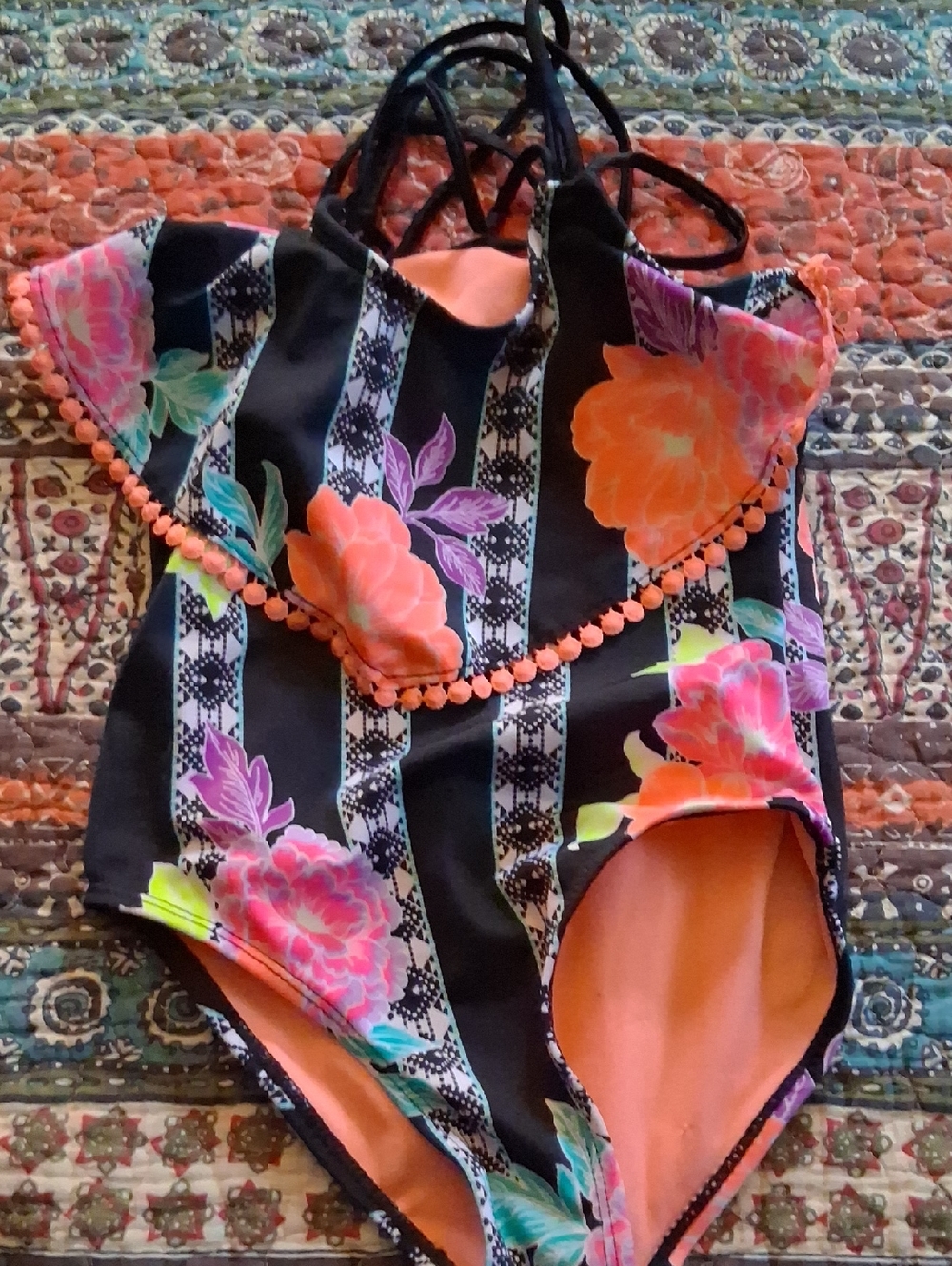 Source Unknown Black Floral Kids One-Piece Swimsuit with Orange Trim